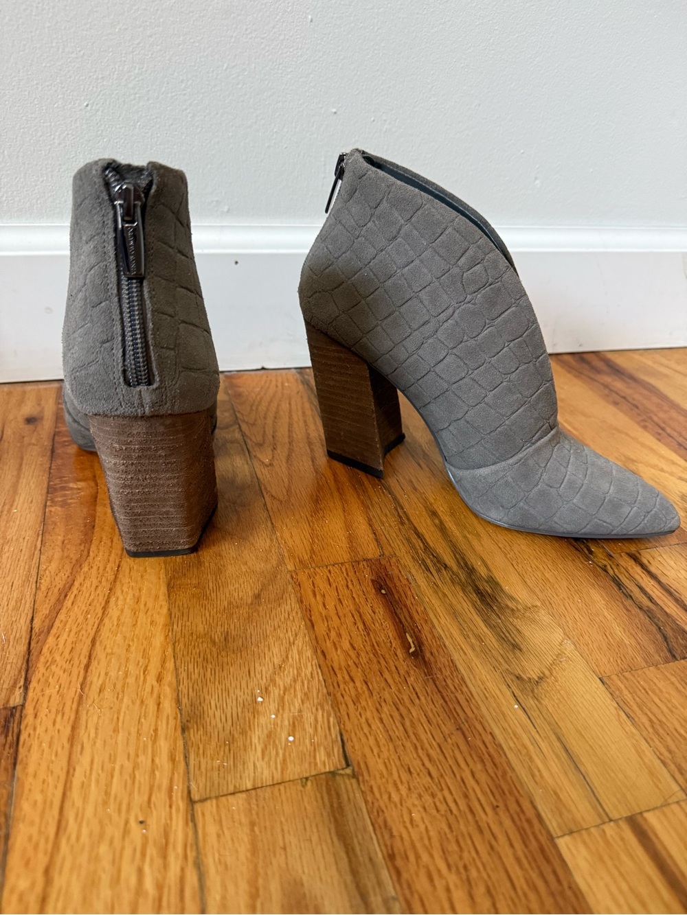 Vince Camuto Gray Croc-Embossed Suede Pointed Ankle Booties
